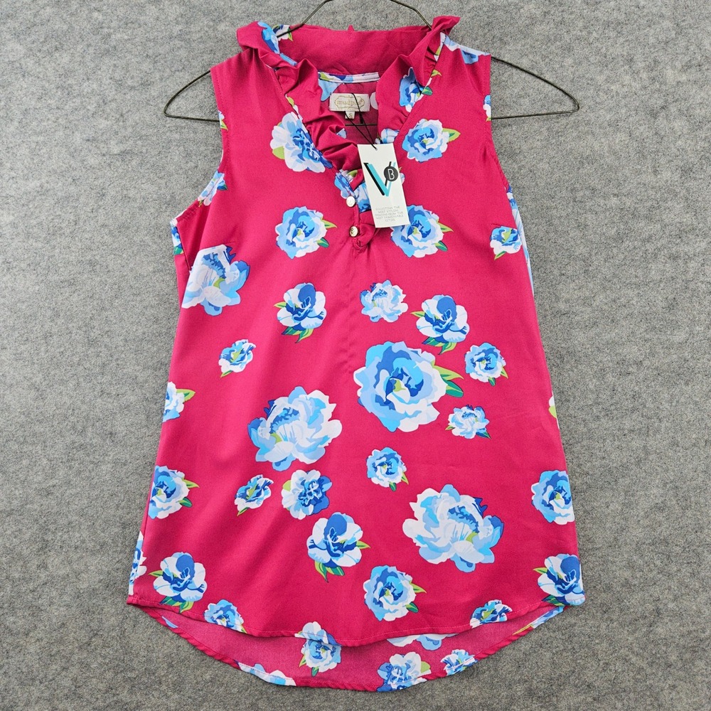 Mud Pie Sleeveless Blouse Women Small Fuchsia Floral Ruffle V-Neck Gold Buttons